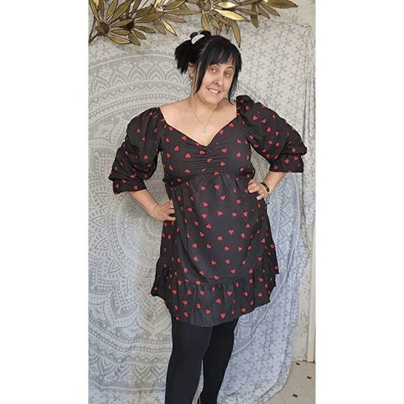 ❤ Plus Size Valentine’s Day Long Sleeve Heart Print Black Dress NWT - Picture 13 of 16